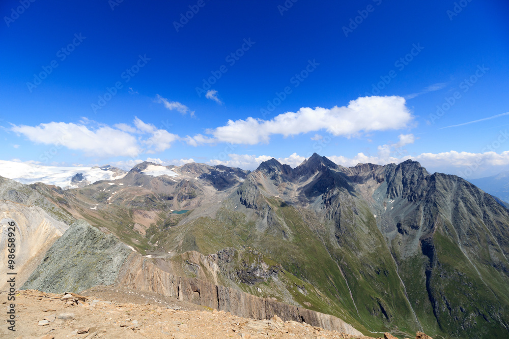 Mountain panorama with summit Hocheicham and lake Eissee in the Hohe Tauern Alps, Austria