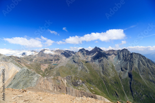 Mountain panorama with summit Hocheicham and lake Eissee in the Hohe Tauern Alps, Austria