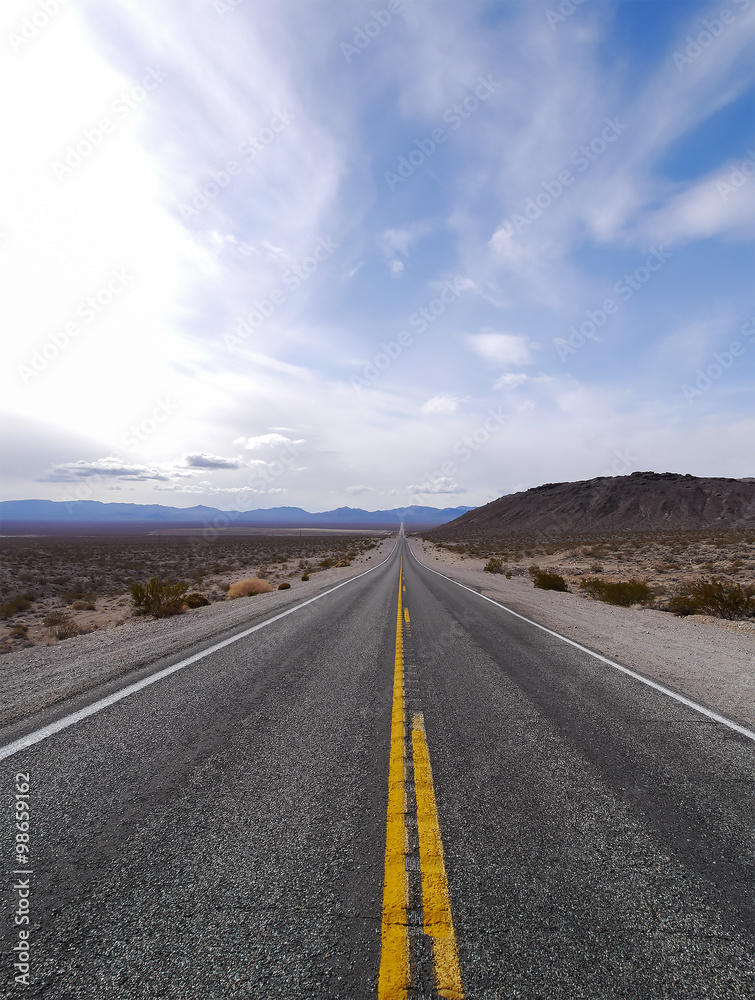 Straight road in desert landscape in Nevada, USA (荒野の一本道)
