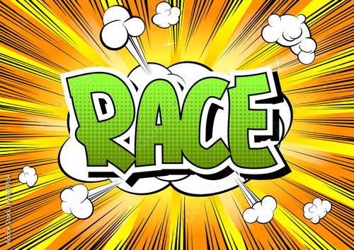 Race - Comic book style word on comic book abstract background. photo