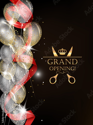 Grand opening card with shiny confetti, red ribbon and air balloons