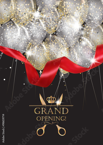 Grand opening cards with transparent air balloons, red ribbon and confetti