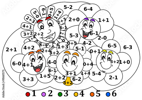 Calculate the examples and fill colors depending on the result - smiling colorful flowers  - vector svg