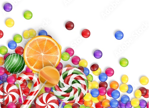 Sweets of candies with lollipop, orange juice, bubblegum on a white background 