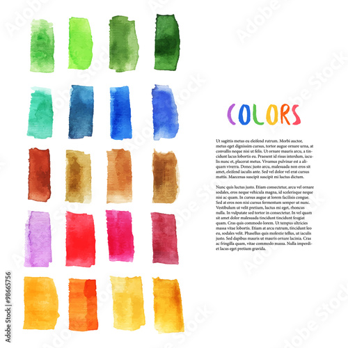 Colorful watercolor design elements with brush stroke elements. Palette art. Art studio decoration. Vector