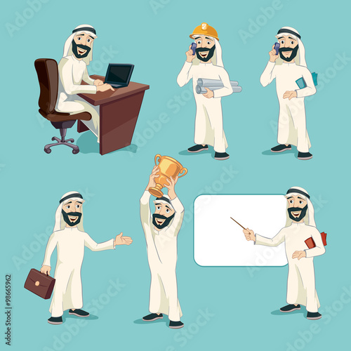 Arab businessman in different actions. Vector cartoon characters set