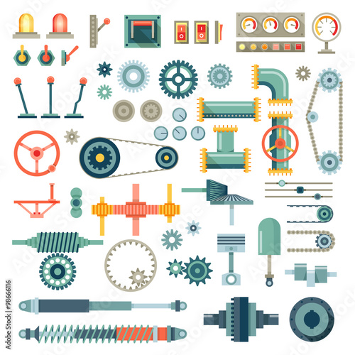 Parts of machinery flat icons vector set photo