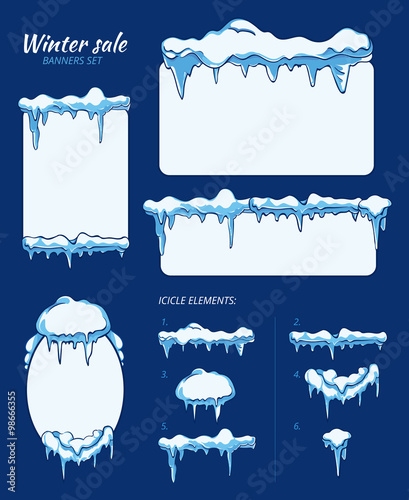 Winter sale stickers, tags and banners with icicles. Vector set