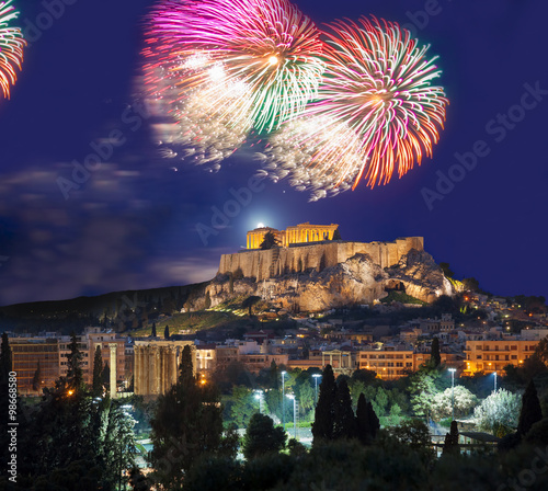 Acropolis with firework, celebration of the New year in Athens, Greece