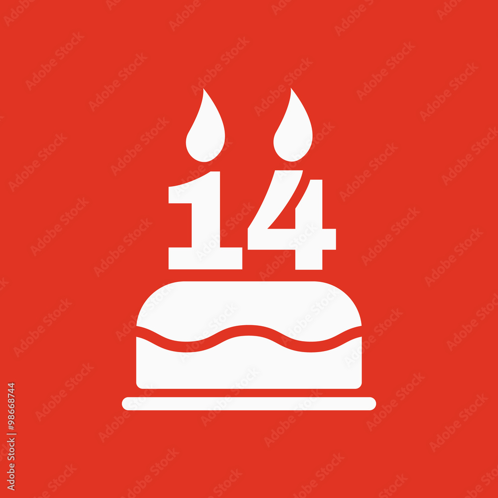 The birthday cake with candles in the form of number 14 icon. Birthday symbol. Flat The birthday cake with candles in the form of number 14 icon. Birthday symbol. Flat