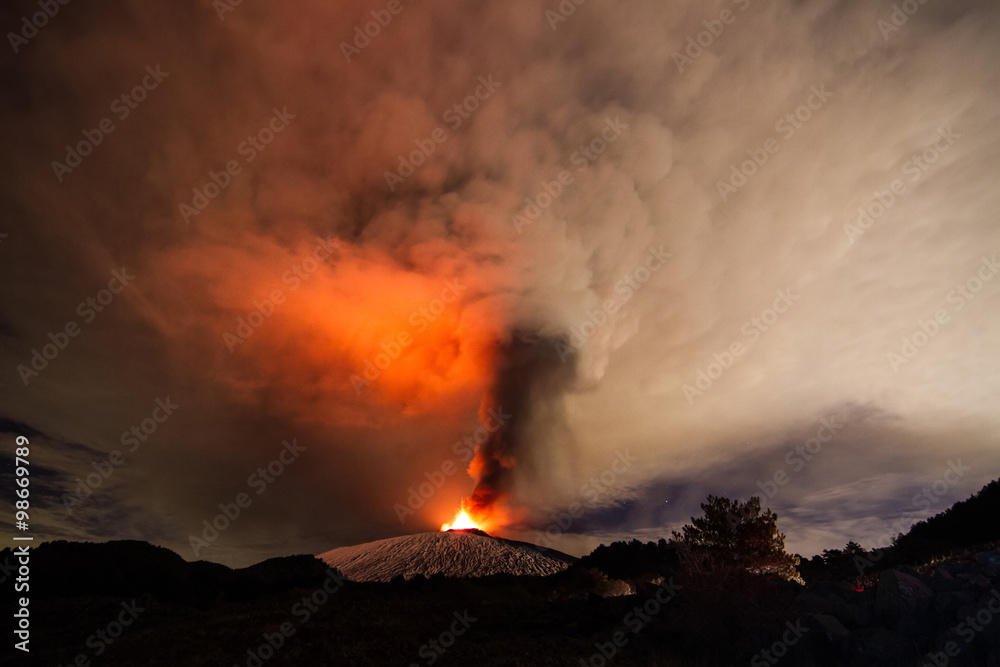 Volcano eruption. Mount Etna erupting from the crater Voragine
