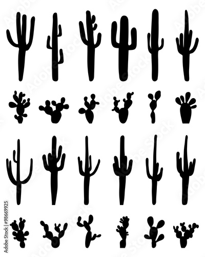 Black silhouettes of different cactus, vector photo