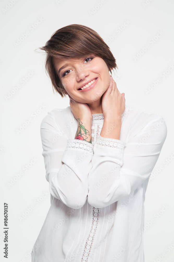 Portrait of beautiful happy young woman in white blouse Portrait of beautiful happy young woman in white blouse
