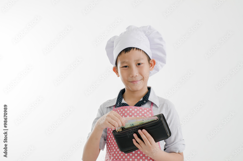 Happy Asian chef boy holding black wallet with Thal Baht in his