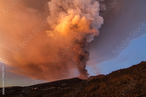 Volcano eruption. Mount Etna erupting from the crater Voragine