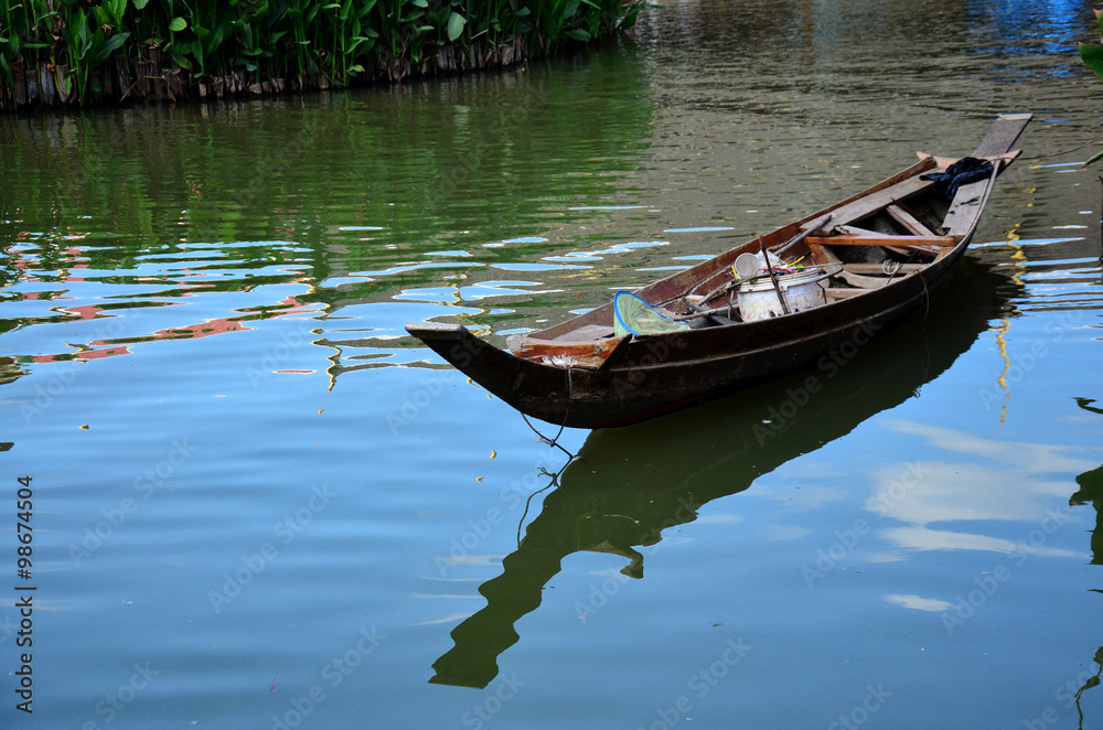Boat floating in pond at Thung Bua Chom floating market
