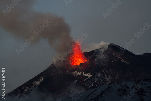 Volcano eruption. Mount Etna erupting from the crater Southeast 