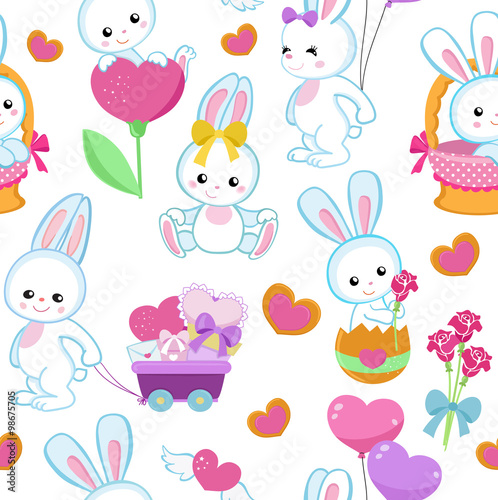 Cute vector seamless pattern with rabbits and hearts. Endless background.  