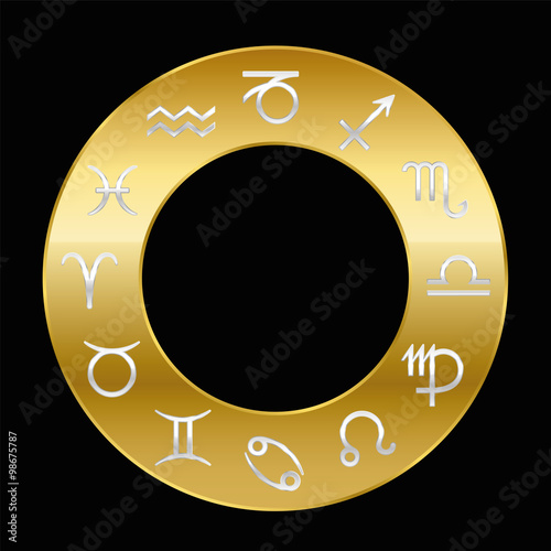 Zodiac signs silver on golden ring. Vector illustration on black background.