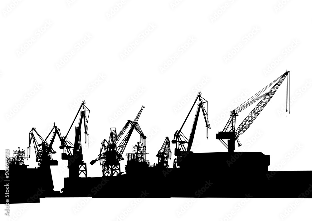 Silhouettes of cargo cranes in the seaport on white background