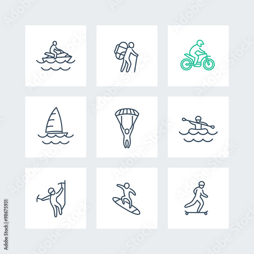 extreme outdoor activities line icons in squares, vector illustration