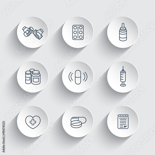 medicine, drugs, pills, line icons on round 3d shapes, vector illustration