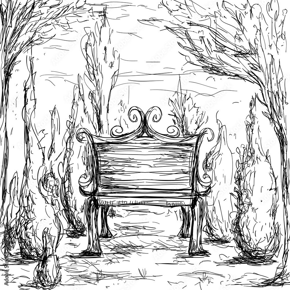 Obraz premium Park bench, trees and bushes. Vintage hand drawn illustration in sketch style