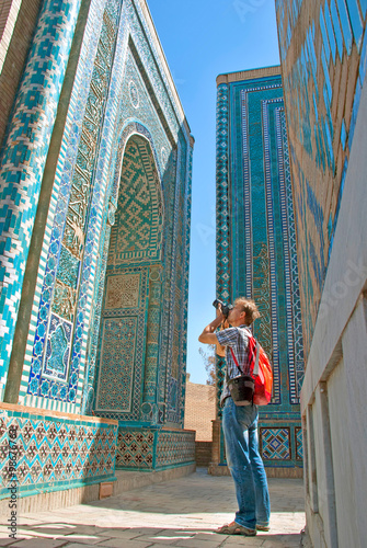 Tourist photographer in Shah-i-Zinda, Samarkand, Uzbekistan