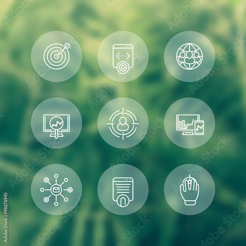 seo line transparent icons, search engine optimization, internet marketing, website indexing, seo tools, vector illustration