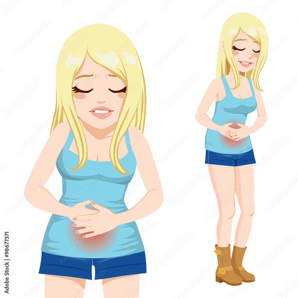 Young blonde girl suffering from severe pain in her stomach Young blonde girl suffering from severe pain in her stomach