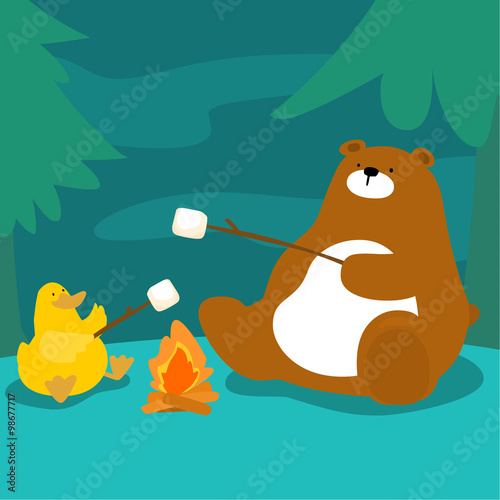 bear and duck grill marshmallow at campfire vector