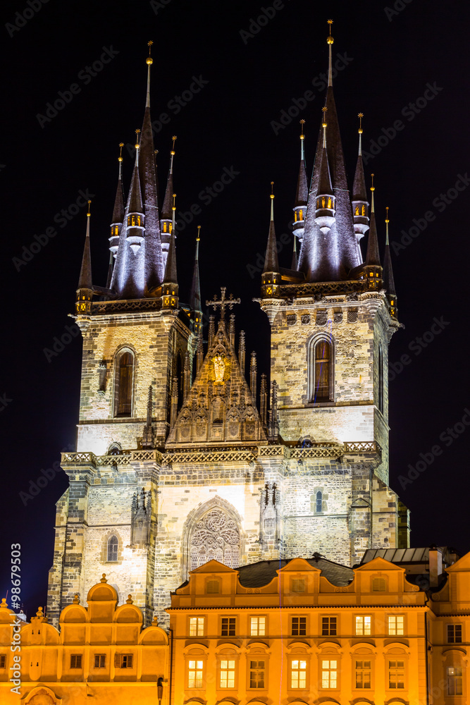 Prague Christmas market on Old Town Square with gothic Tyne cathedral