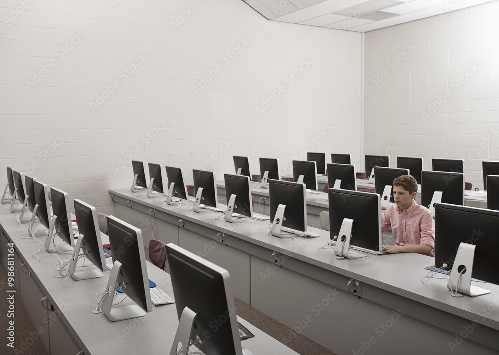 A school room, a computer lab with rows of screens and seating. A young ...