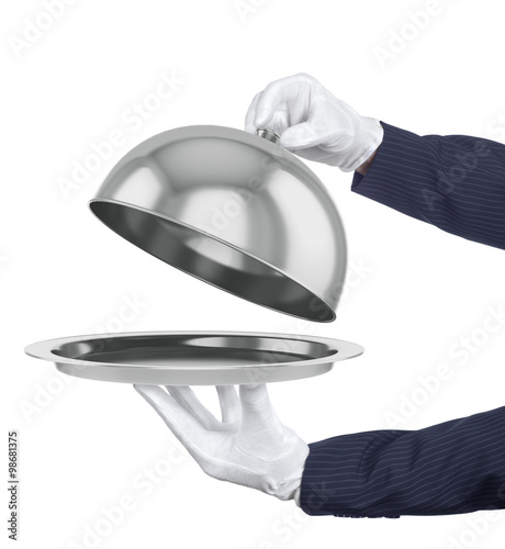 Restaurant cloche with open lid. 3d illustration.