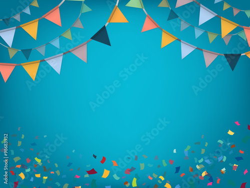 Print op canvas Celebrate banner. Party flags with confetti. Vector.