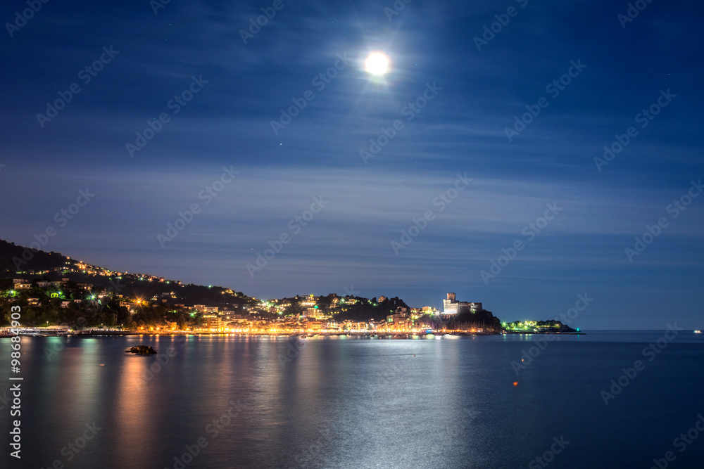 night view of Lerici village and mediterranean sea in Liguria