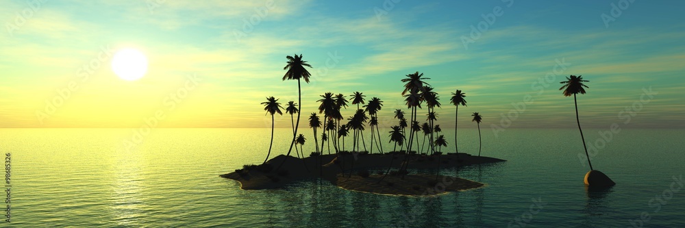 panorama of sea sunset. island and coconut palms