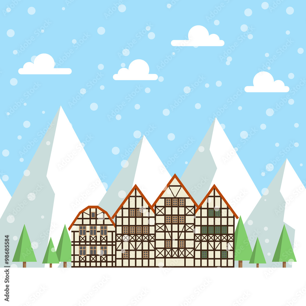Ski resort vector illustration with snowy mountains, winter trees, falling snow, clouds and cute hotels for rest