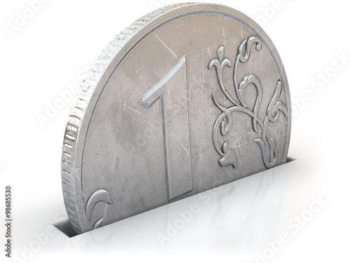 Tableau sur toile Coin one ruble falls piggy bank slot isolated on white