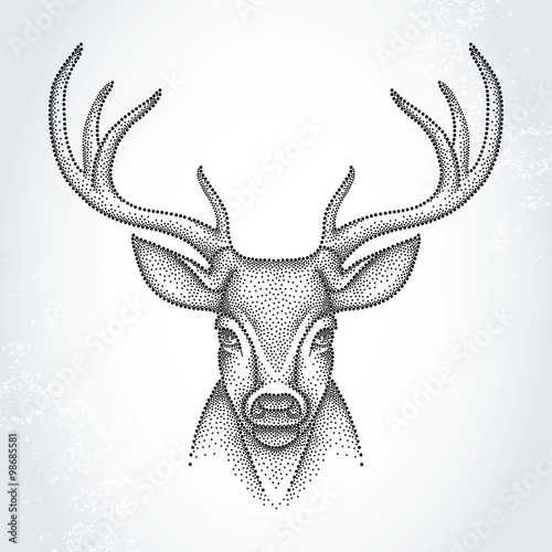 Dotted head of deer with antlers isolated on white background. Cute animal in dotwork style.