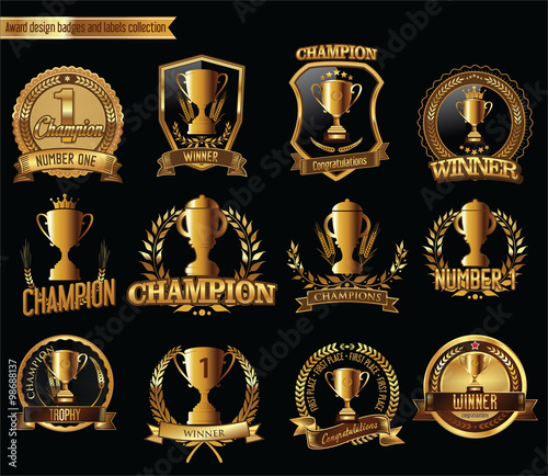 Gold trophy and medal with laurel wreath vector illustration