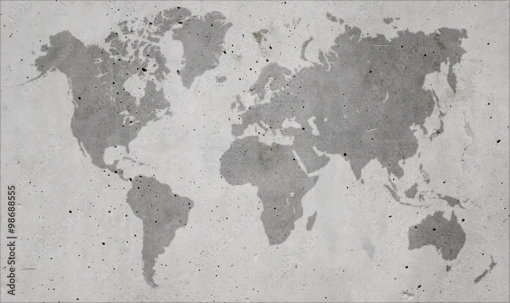 world map overlaid on gray concrete texture patterned background