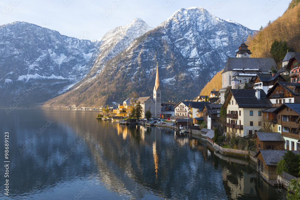 View of city with lake and mountains of Hallstatt, Austria