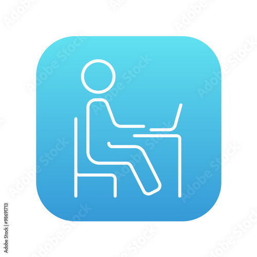 Student sitting on chair in front of laptop line icon.