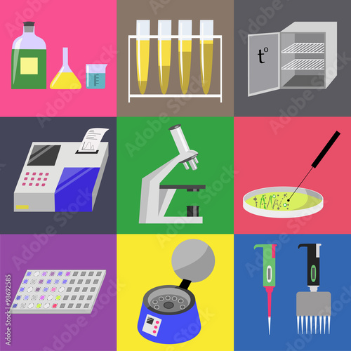 Microbiology laboratory icons set