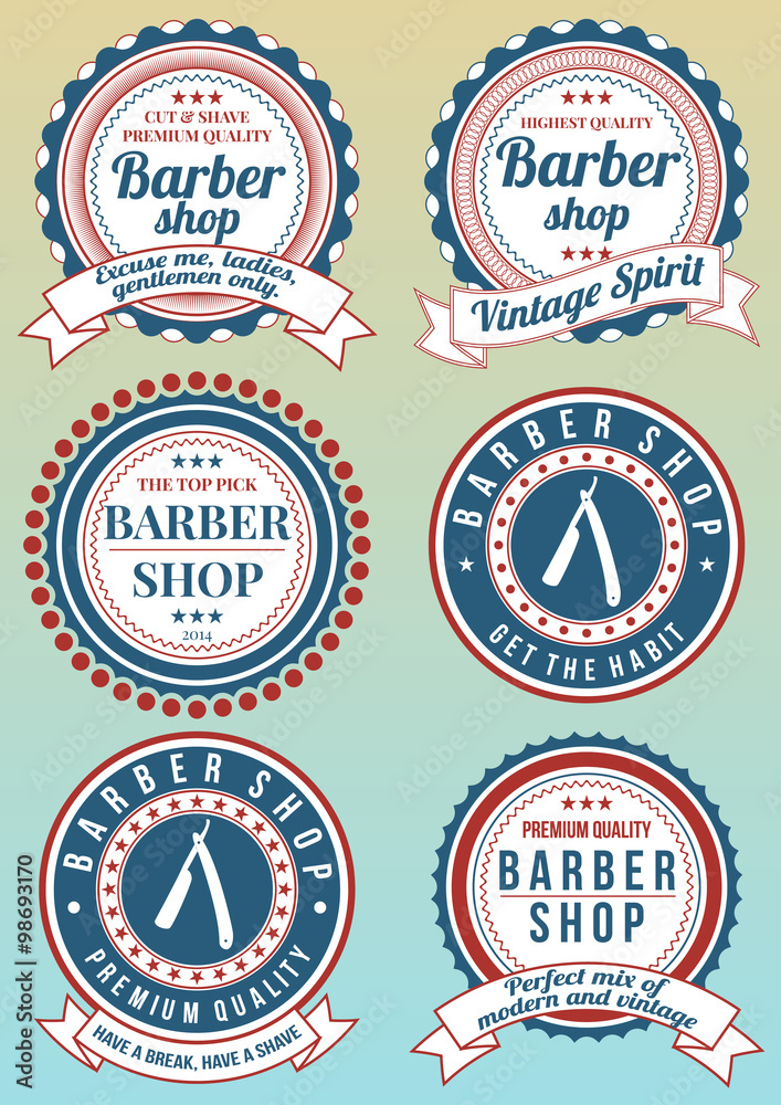 Set of barber shop red and blue badges isolated on gradient background. Collection of badges and elements for company logotypes, business identity, print products, page and web decor or other design.