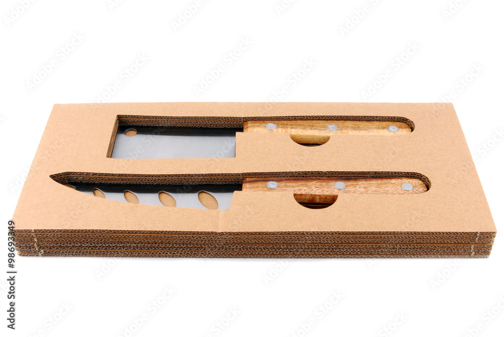 cheese knife set in box isolated on white cheese knife set in box isolated on white