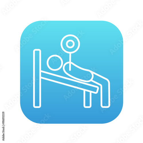 Man lying on bench and lifting barbell line icon.