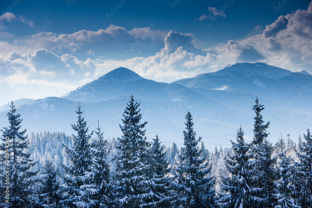 Snow-covered mountain tops on a sunny winter day. 