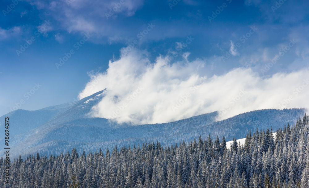 Snow-covered mountain tops on a sunny winter day. 